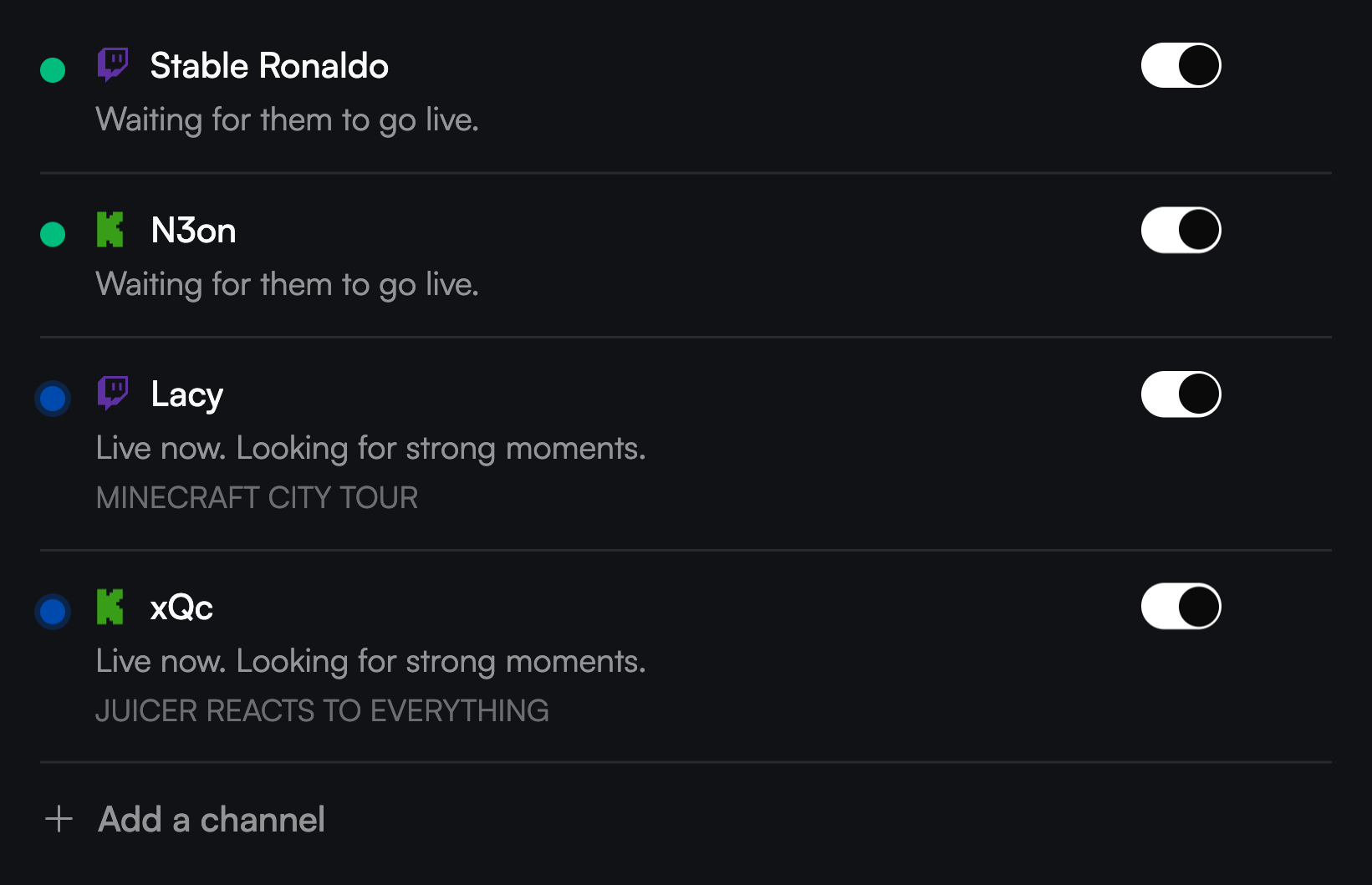 supo's Autopilot channel list: Stable Ronaldo, N3on, Lacy and xQc, two of them live.